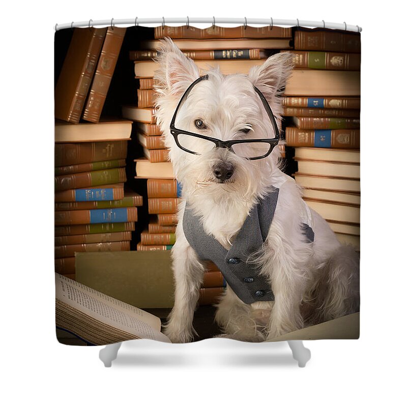 Books Shower Curtain featuring the photograph Bookworm Dog by Edward Fielding