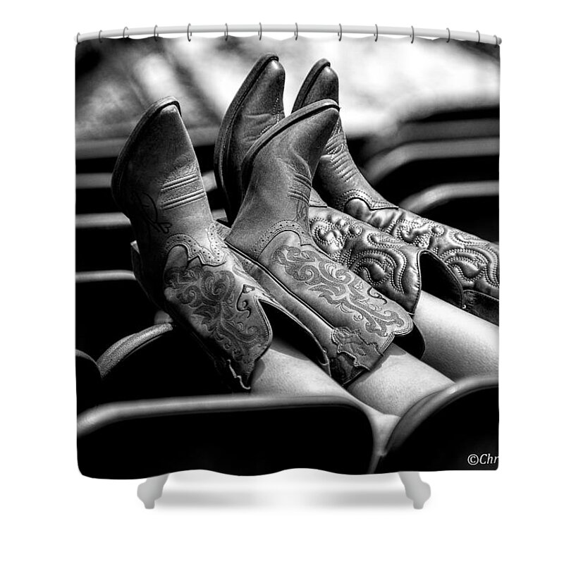 Christopher Holmes Photography Shower Curtain featuring the photograph Boots Up - BW by Christopher Holmes