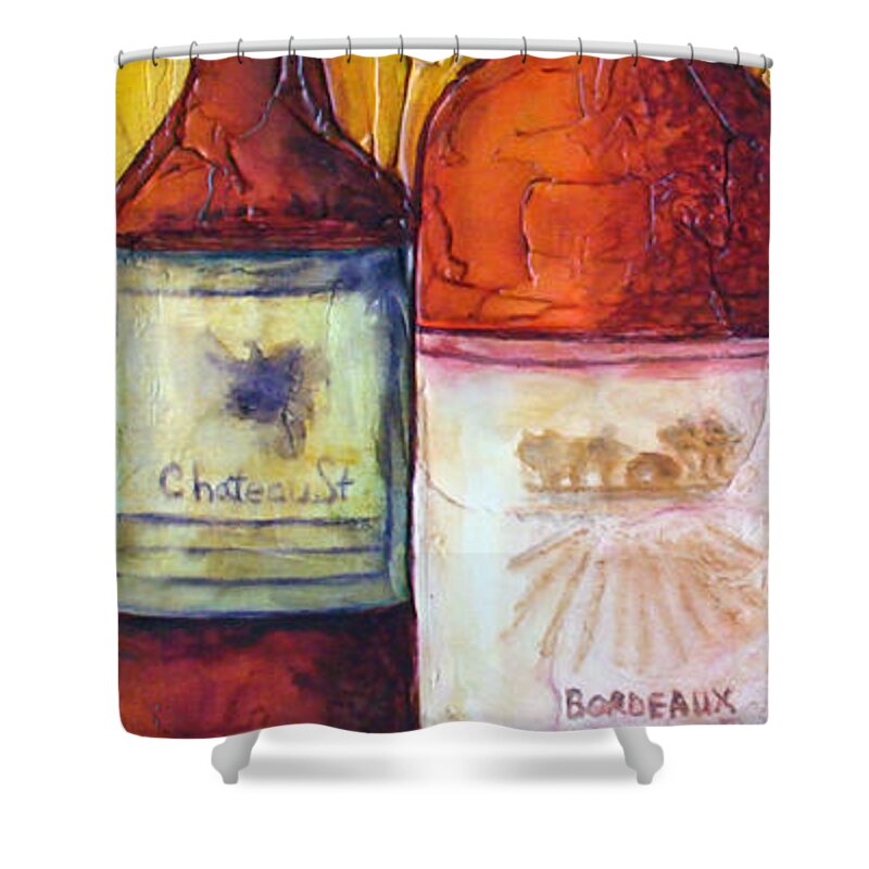 Wine Bottles Shower Curtain featuring the mixed media Bordeaux Vino by Phyllis Howard