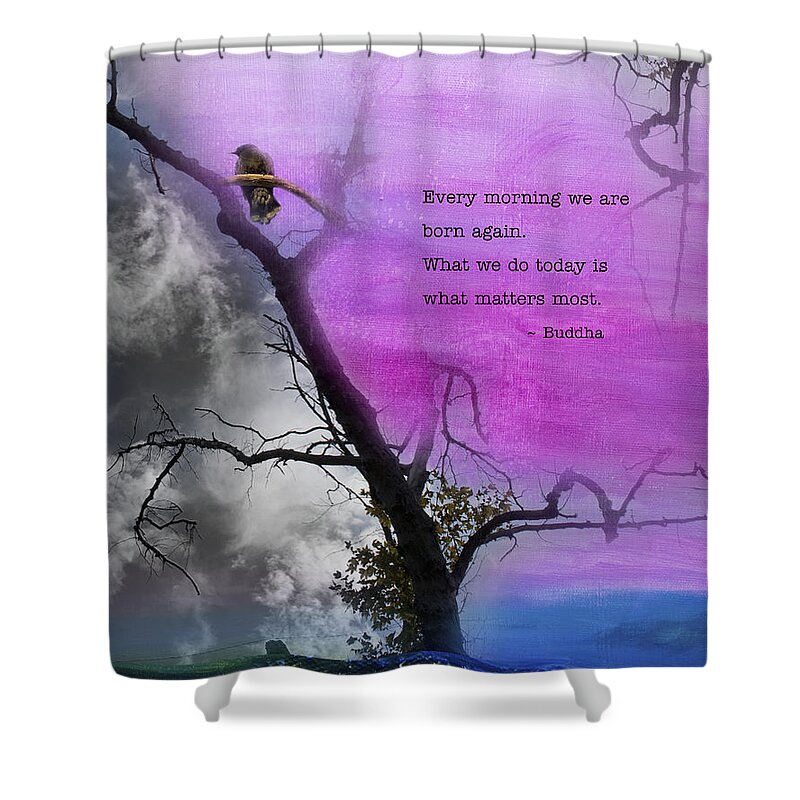 Inspirational Shower Curtain featuring the mixed media Born Again - Tree art with Buddha Quote by Stella Levi