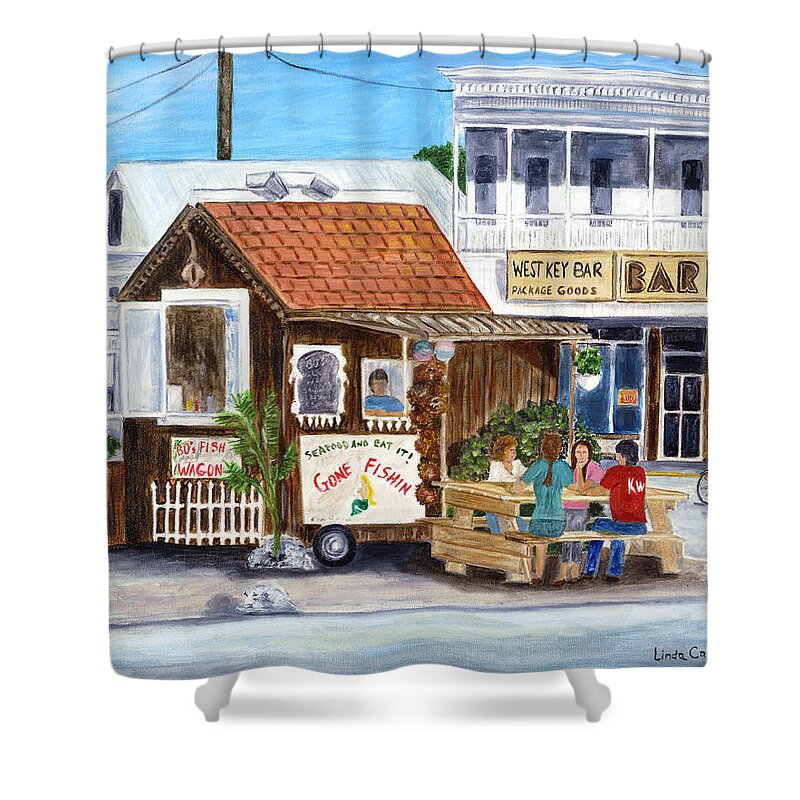 Landscape Shower Curtain featuring the painting B.O.'s Fish Wagon by Linda Cabrera