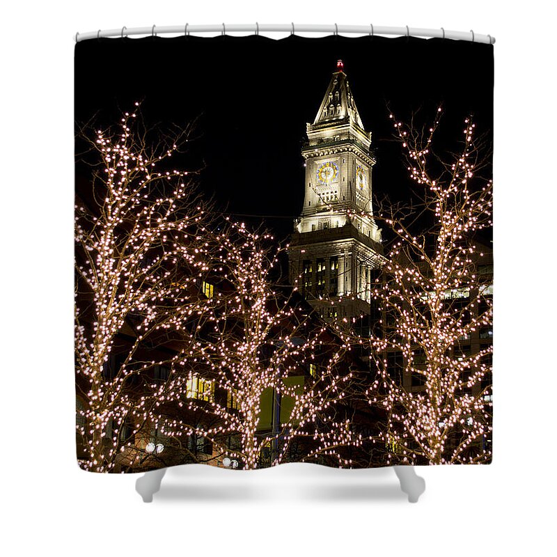 Custom House Shower Curtain featuring the photograph Boston Custom House with Christmas Lights by Jatin Thakkar