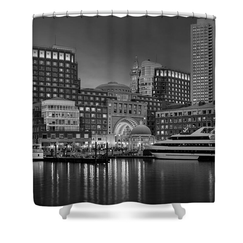 Boston Shower Curtain featuring the photograph Boston Harbor Skyline and Financial District BW by Susan Candelario