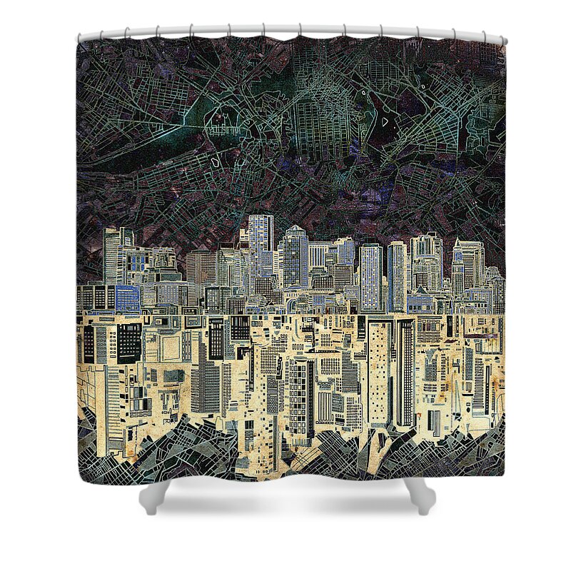 Boston Shower Curtain featuring the painting Boston Skyline Abstract Antique by Bekim M