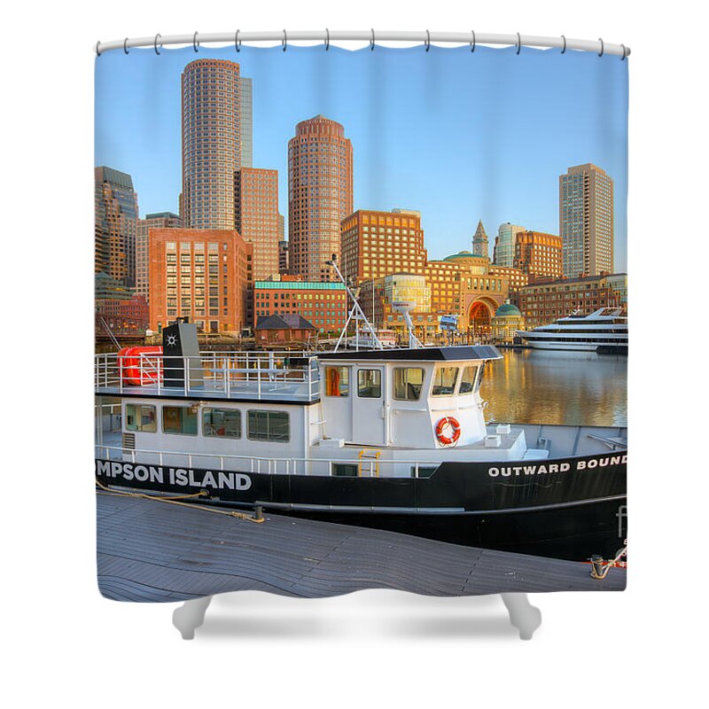 Clarence Holmes Shower Curtain featuring the photograph Boston Skyline and Thompson Island Ferry I by Clarence Holmes