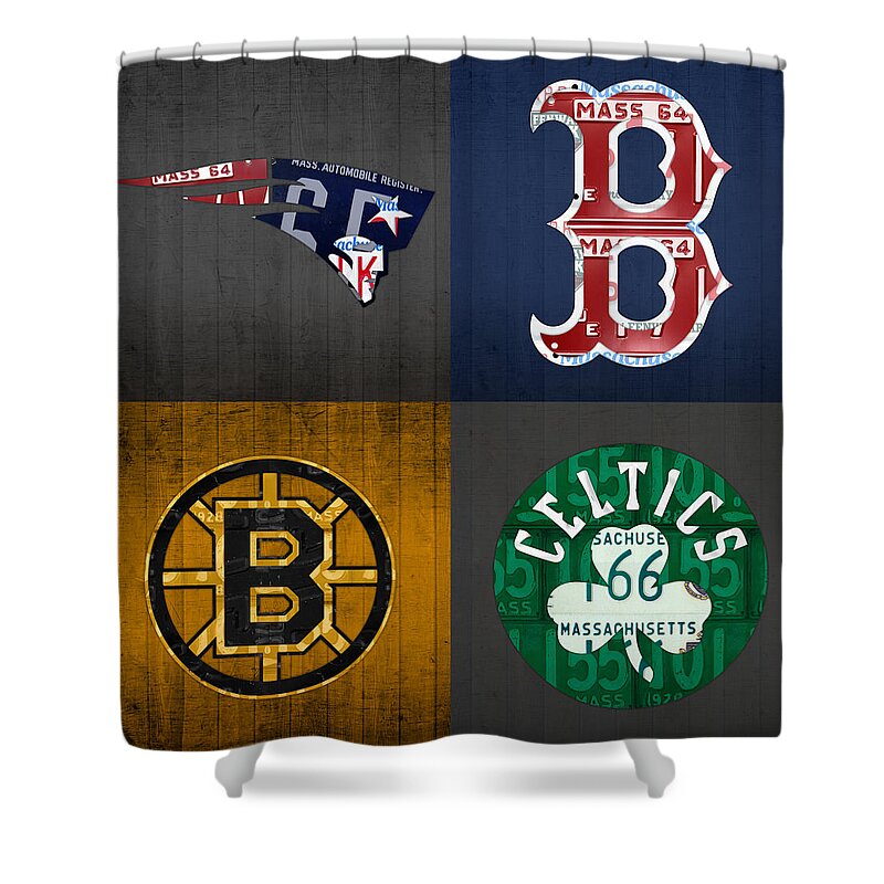 #faatoppicks Shower Curtain featuring the mixed media Boston Sports Fan Recycled Vintage Massachusetts License Plate Art Patriots Red Sox Bruins Celtics by Design Turnpike