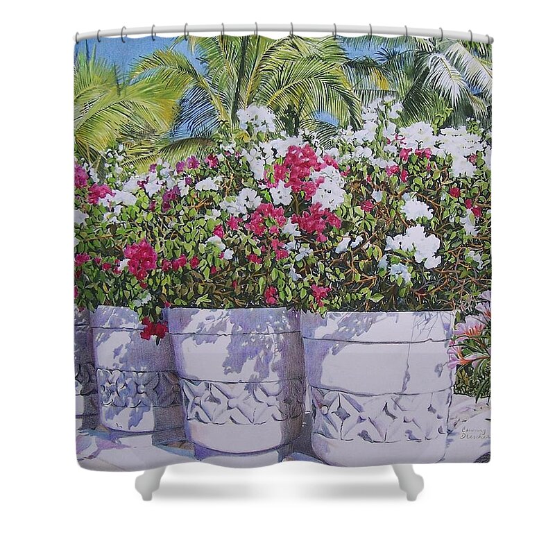 Flowers Shower Curtain featuring the mixed media Bougainvillea by Constance Drescher