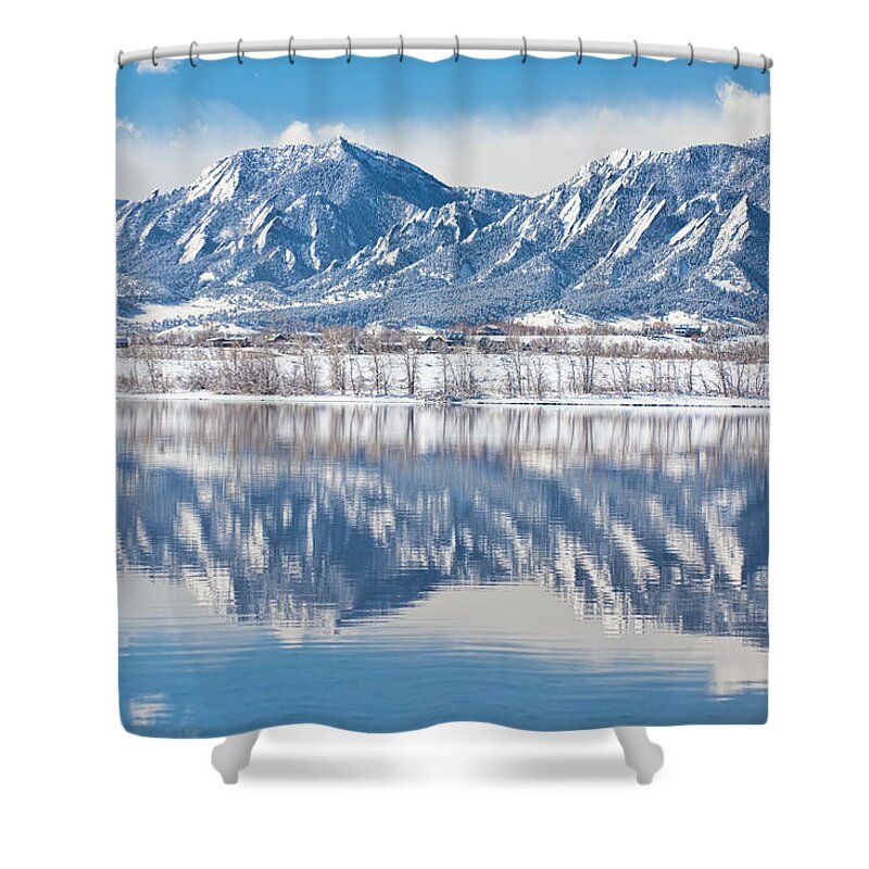 Winter Shower Curtain featuring the photograph Boulder Reservoir Flatirons Reflections Boulder Colorado by James BO Insogna