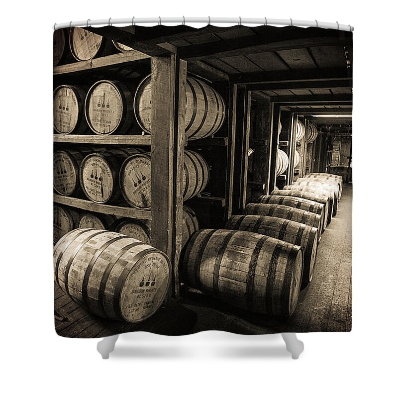 Bourbon Shower Curtain featuring the photograph Bourbon Barrels by Karen Varnas
