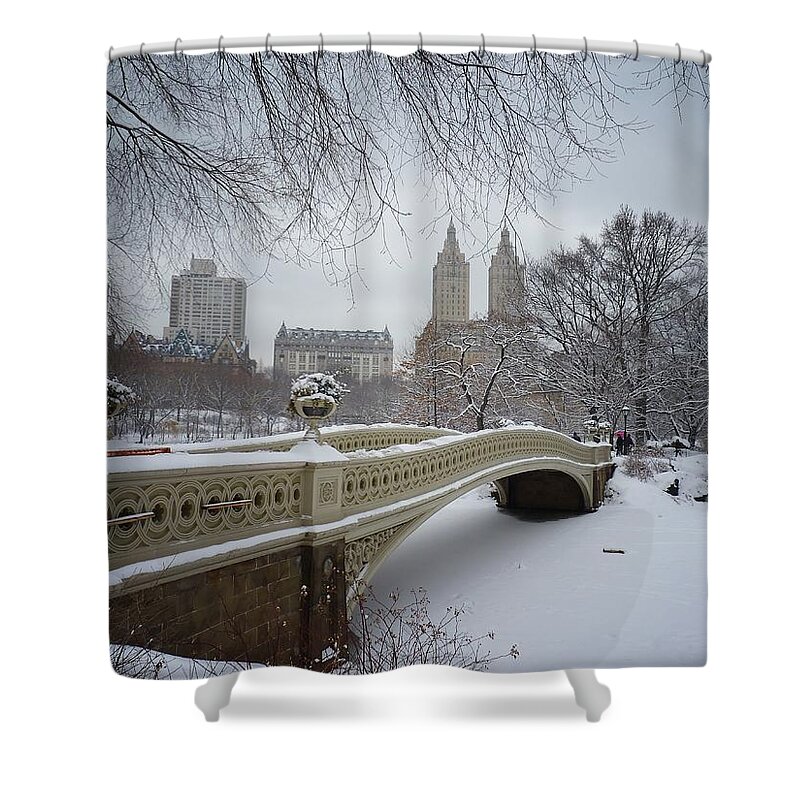 Landscape Shower Curtain featuring the photograph Bow Bridge Central Park in Winter by Vivienne Gucwa