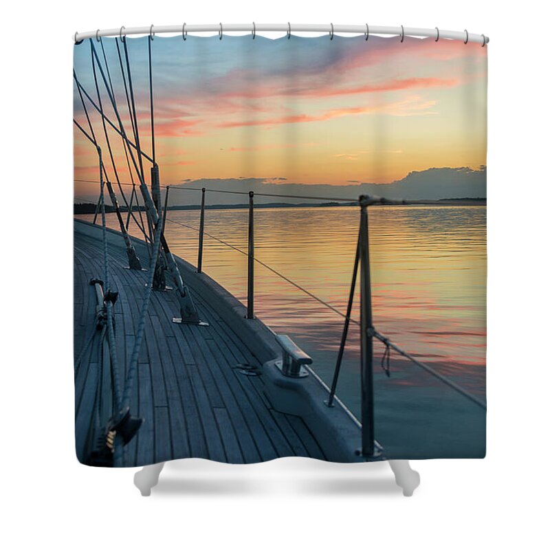Tranquility Shower Curtain featuring the photograph Bow Of 62 Ft Sailboat At Sunset by Gary S Chapman