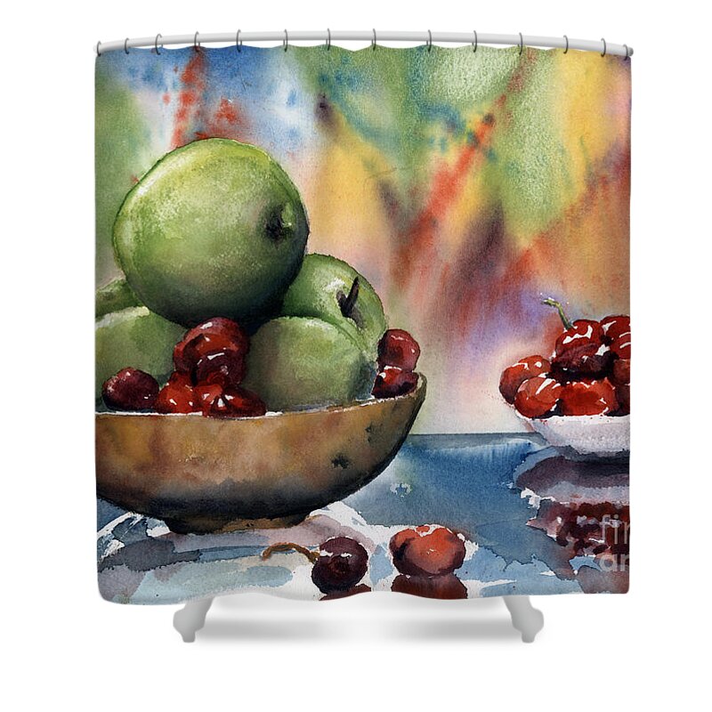 Apples And Cherries Shower Curtain featuring the painting Apples in a Wooden Bowl With Cherries on the Side by Maria Hunt