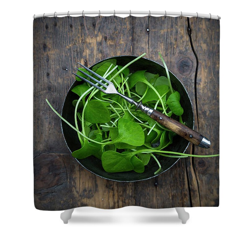 Crockery Shower Curtain featuring the photograph Bowl Of Winter Purslane Claytonia by Westend61