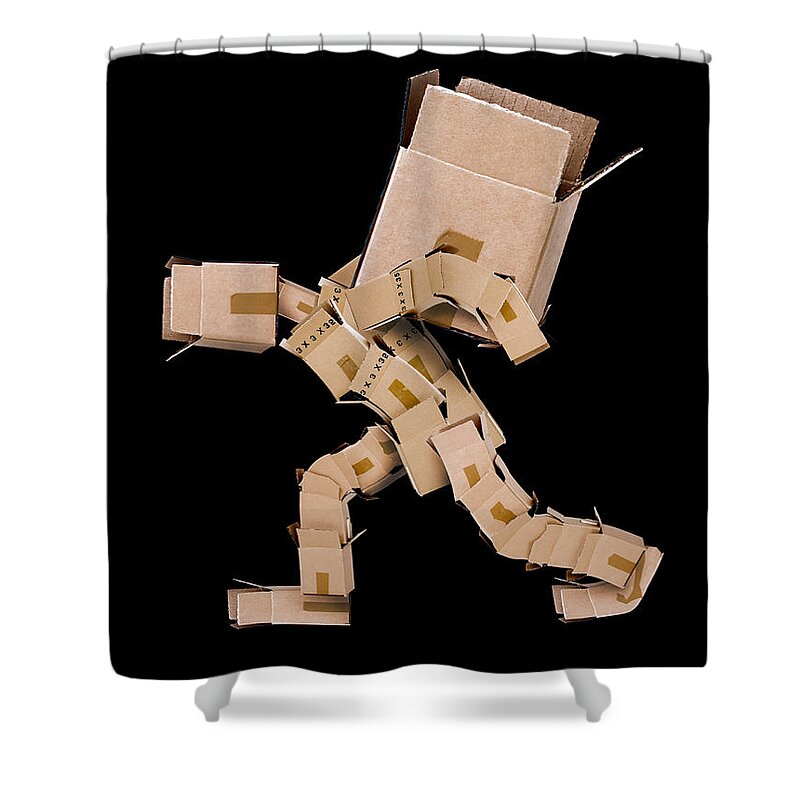 Strength Shower Curtain featuring the photograph Box character carrying large box by Simon Bratt