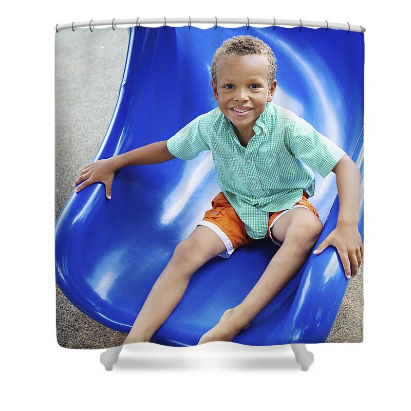Blue Shower Curtain featuring the photograph Boy on Slide by Kicka Witte