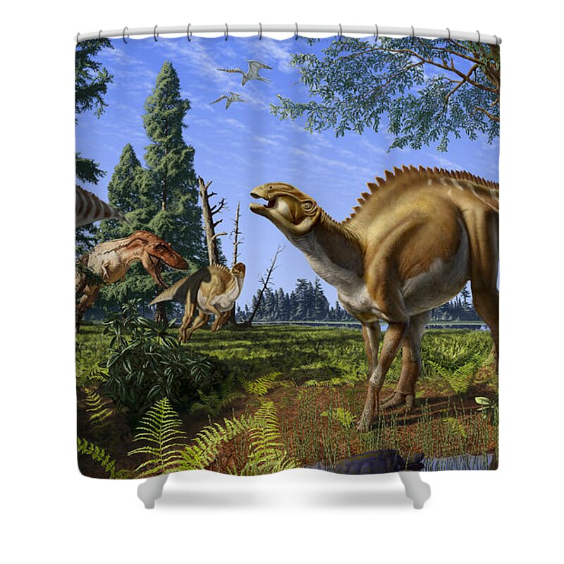 Dinosaur Shower Curtain featuring the digital art Brachylophosaurus canadensis by Julius Csotonyi