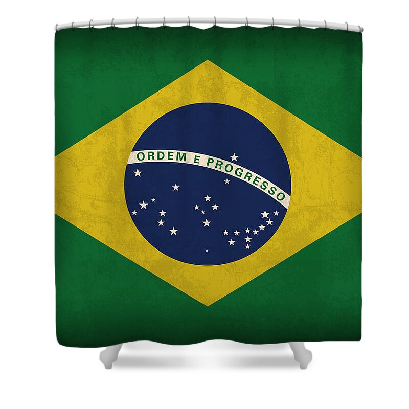 Brazil Flag Shower Curtain featuring the mixed media Brazil Flag Vintage Distressed Finish by Design Turnpike