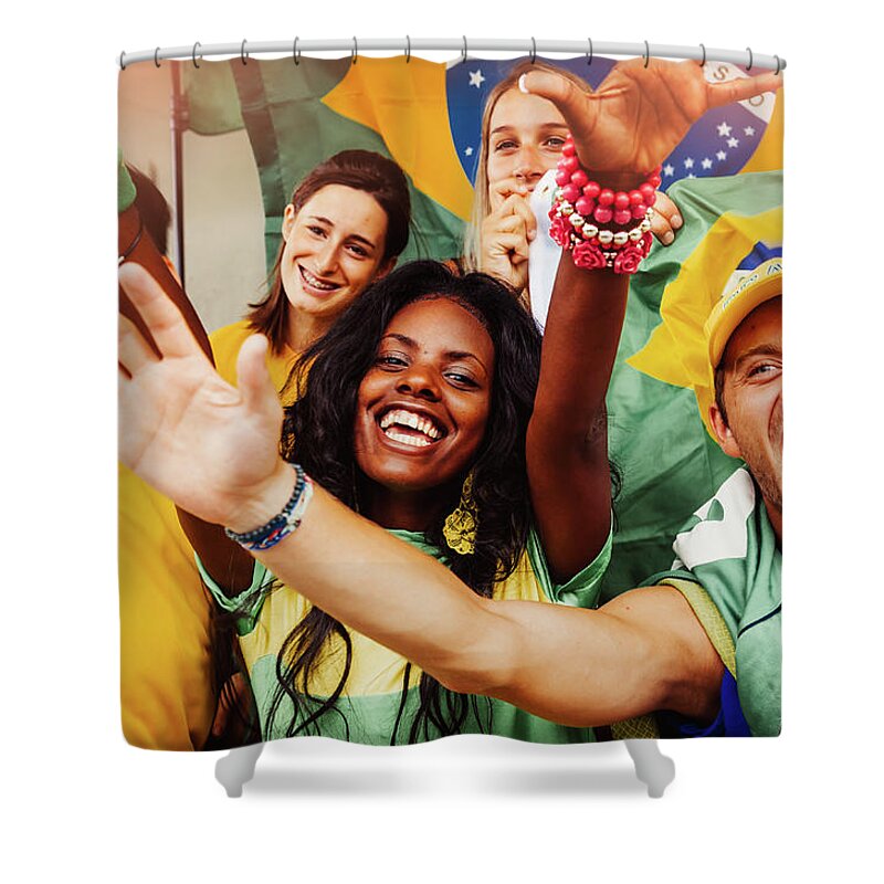 Atmosphere Shower Curtain featuring the photograph Brazilian Fans At Stadium by Filippobacci