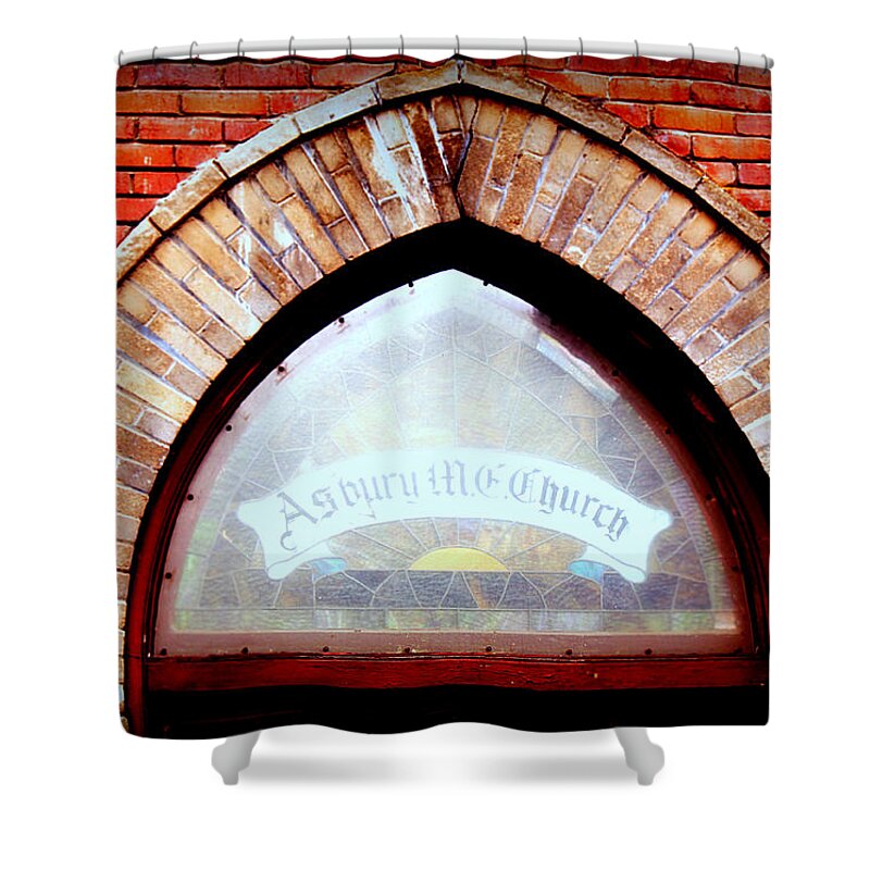 Church Shower Curtain featuring the photograph Bricks and Stained Glass by Melanie Lankford Photography