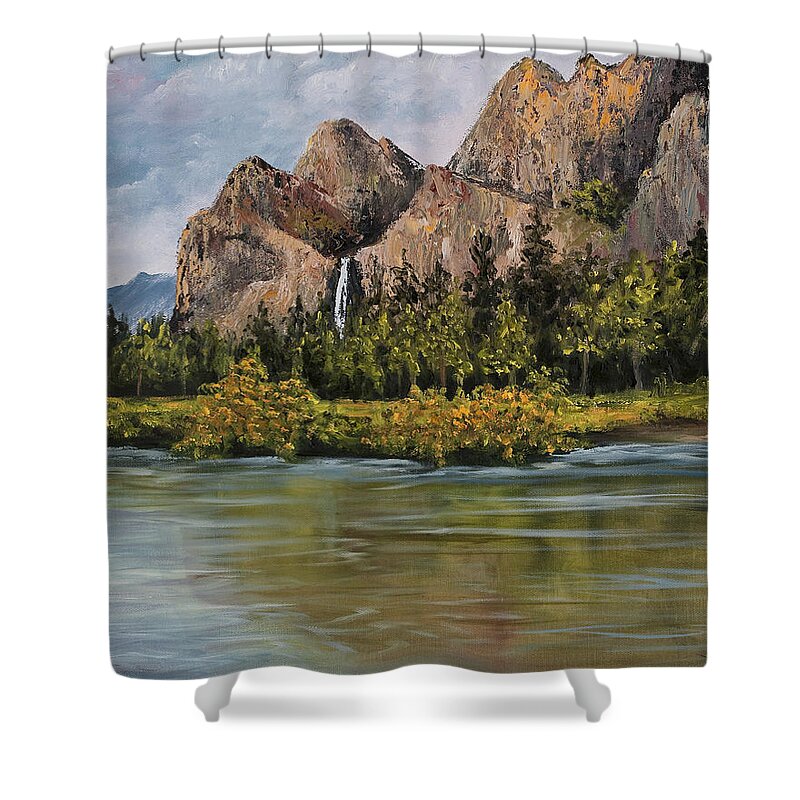 California Landscape Shower Curtain featuring the painting Bridalveil Fall Yosemite by Darice Machel McGuire
