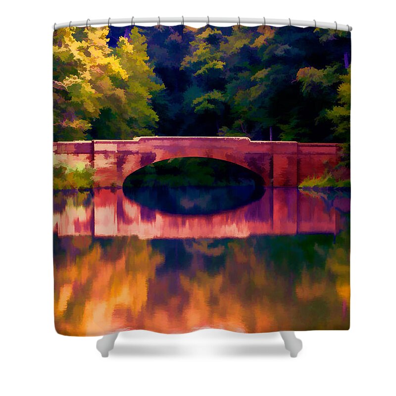 Bridge Shower Curtain featuring the painting Bridge Over Colored Waters by John Haldane