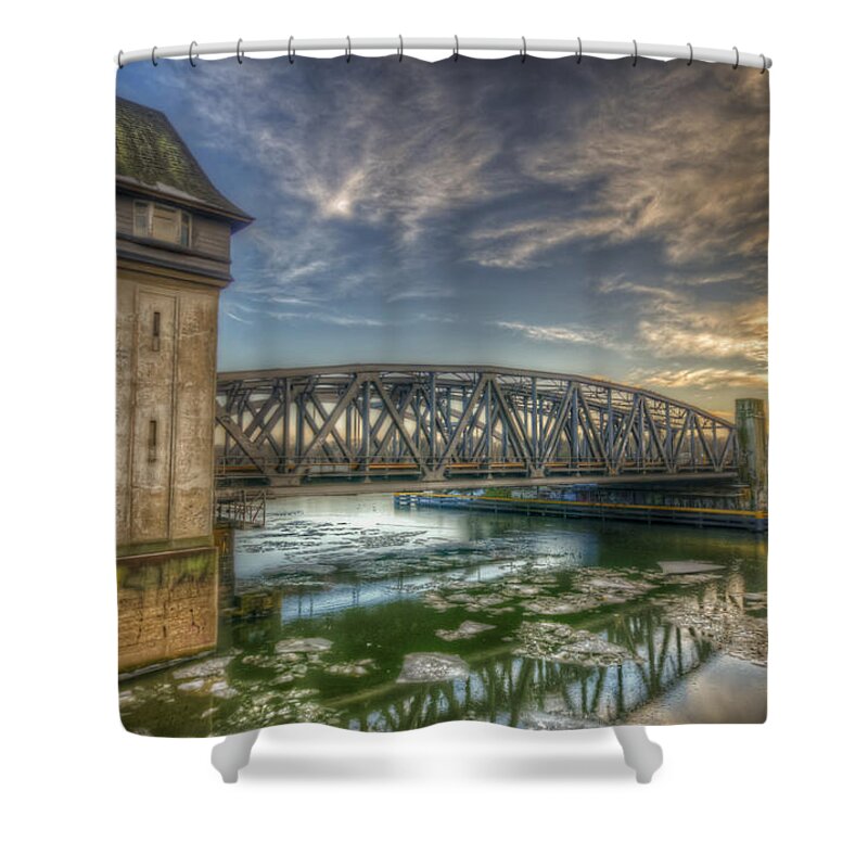 Architecture Shower Curtain featuring the digital art Bridge over icey waters by Nathan Wright