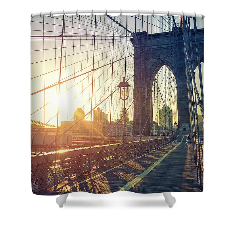 Dawn Shower Curtain featuring the photograph Brooklyn Bridge And New York Skyline At by Cirano83