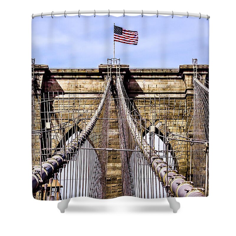 Brooklyn Shower Curtain featuring the photograph Brooklyn Bridge With Flag by Bill Carson Photography