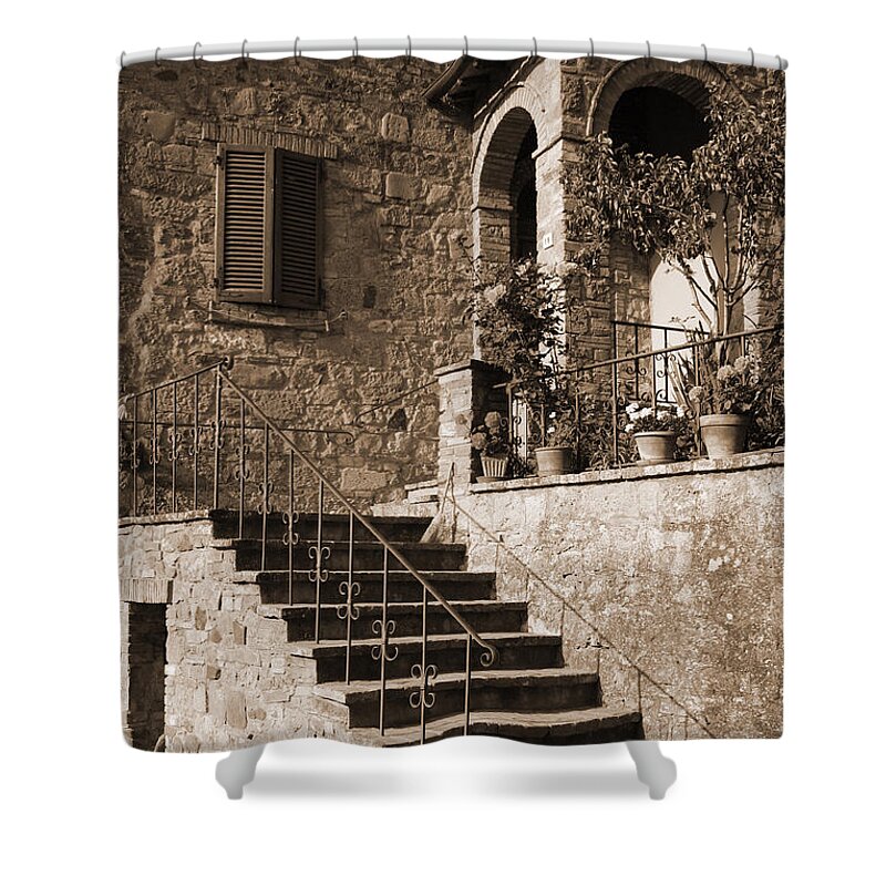 Tuscany Shower Curtain featuring the photograph Broom on the Stairs by Donna Corless