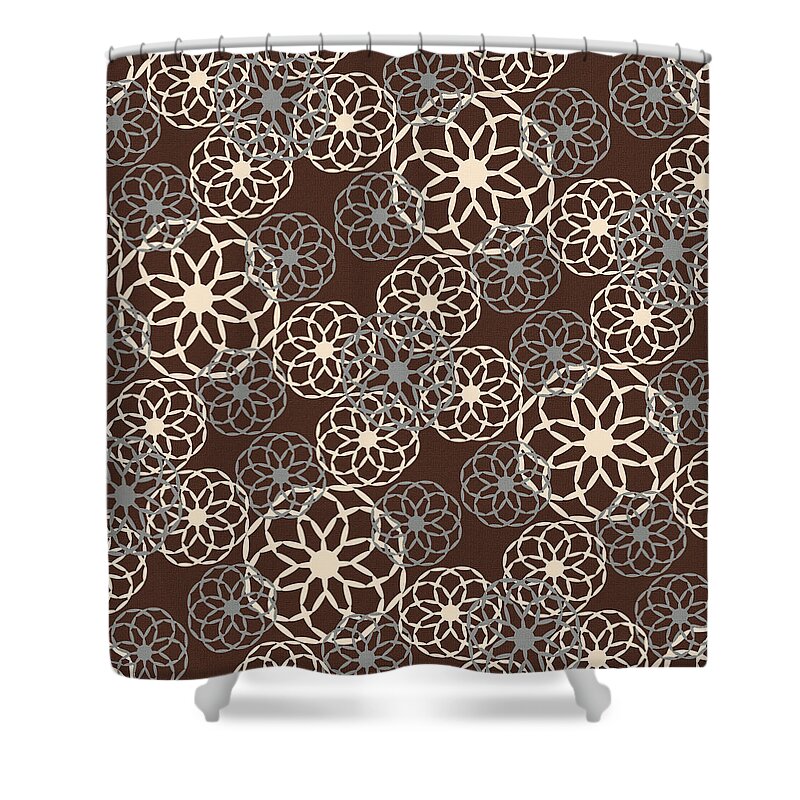 Brown Shower Curtain featuring the mixed media Brown and Silver Floral Pattern by Christina Rollo