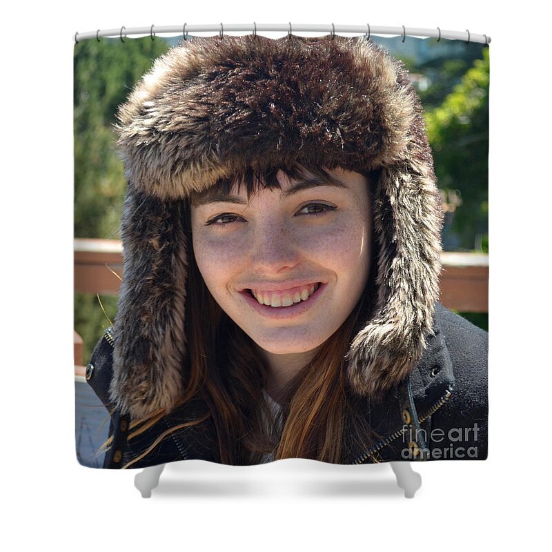 Brown Haired Shower Curtain featuring the photograph Brown Haired and Freckle Faced Natural Beauty Model Wearing a Hat by Jim Fitzpatrick
