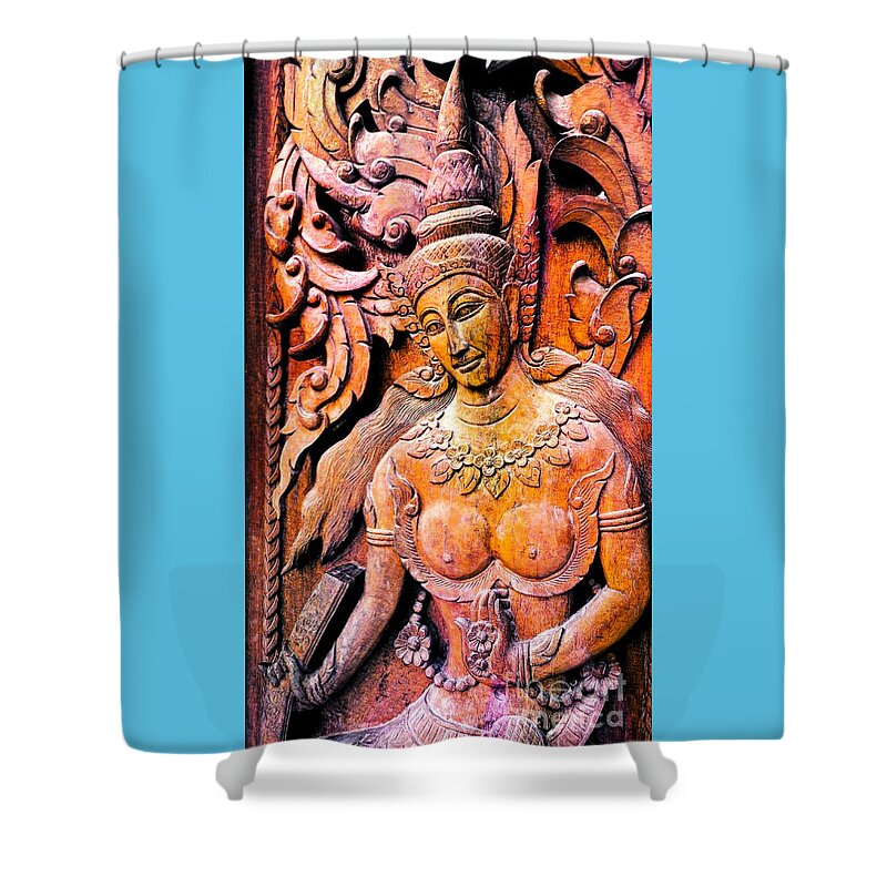 Wood Caving Shower Curtain featuring the photograph Buddhist Door Carving by Ian Gledhill