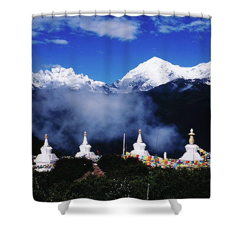 Chinese Culture Shower Curtain featuring the photograph Buddhist Stupas And Prayer Flags With by Richard I'anson