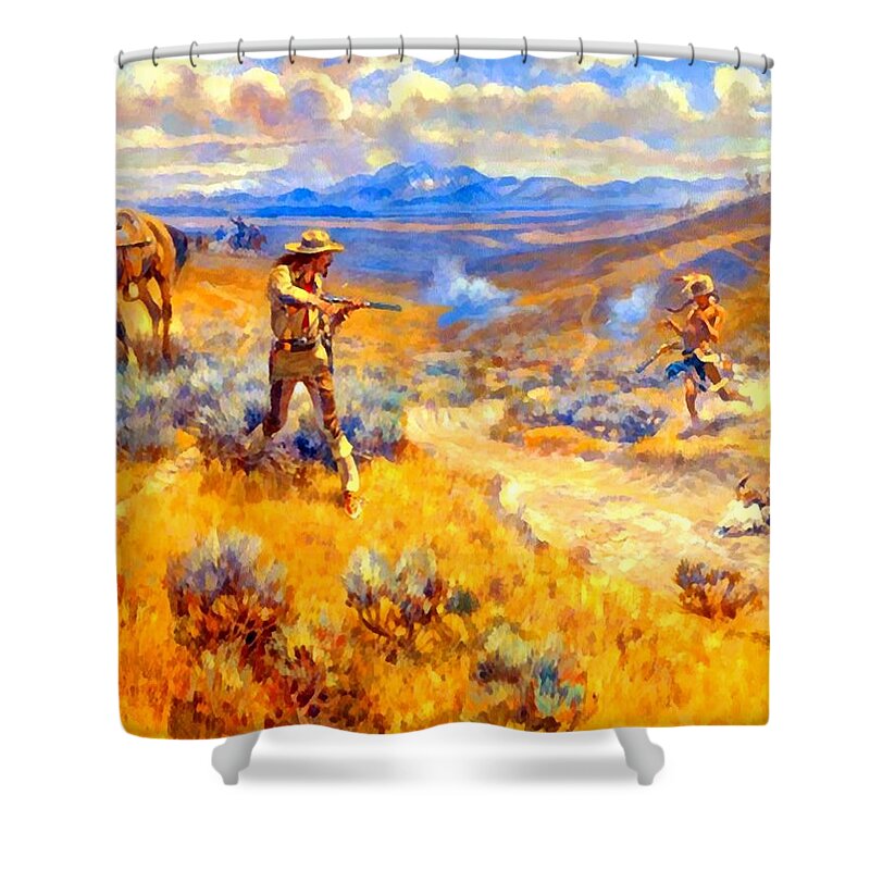 Buffalo Bills Duel With Yellowhand Shower Curtain featuring the digital art Buffalo Bills Duel With Yellowhand by Charles Russell