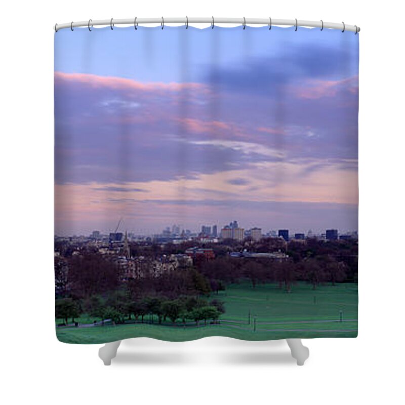 Photography Shower Curtain featuring the photograph Building In A City Near A Park by Panoramic Images