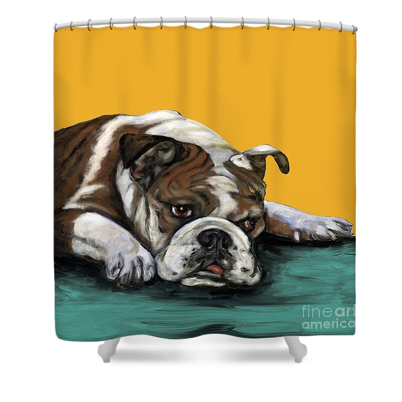 Bull Dog Shower Curtain featuring the painting Bulldog On Yellow by Dale Moses