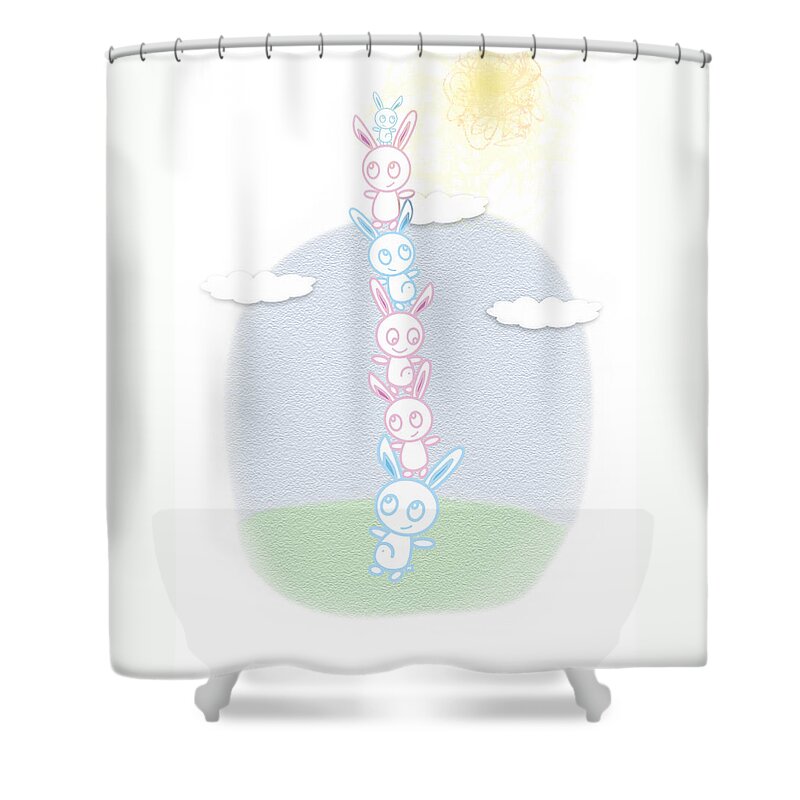 Kids Art Shower Curtain featuring the digital art Bunny Tower Childrens Illustration by Lenny Carter