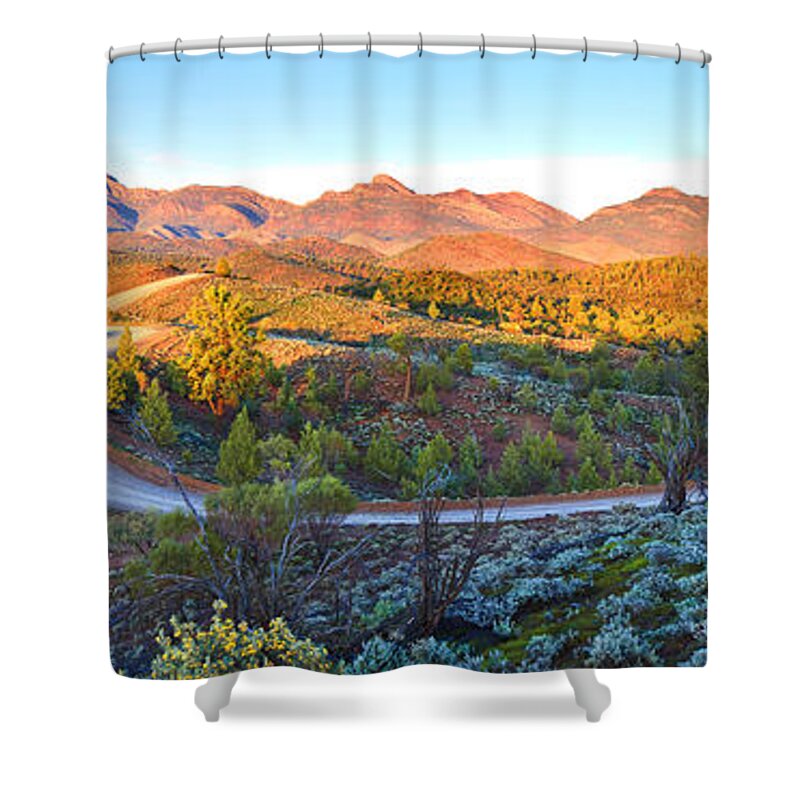 Bunyeroo Valley Flinders Ranges South Australia Australian Landscape Landscapes Pano Panorama Outback Early Morning Wilpena Pound Shower Curtain featuring the photograph Bunyeroo Valley by Bill Robinson