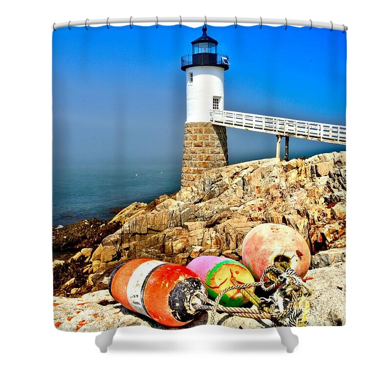 Robinson Point Lighthouse Shower Curtain featuring the photograph Buoys At The Headlight by Adam Jewell