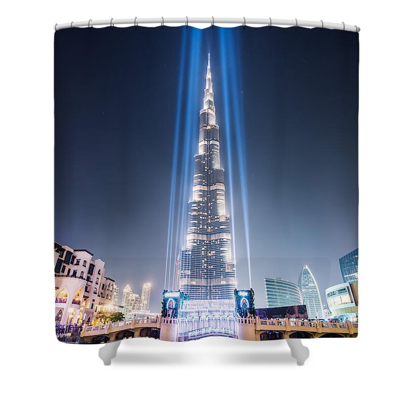 Dubai Shower Curtain featuring the photograph Burj Khalifa with light beams - Dubai - UAE by Matteo Colombo