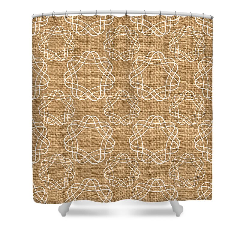 Burlap Shower Curtain featuring the mixed media Burlap and White Geometric Flowers by Linda Woods