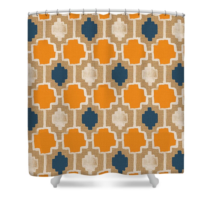 Abstract Pattern Shower Curtain featuring the painting Burlap Blue and Orange design by Linda Woods