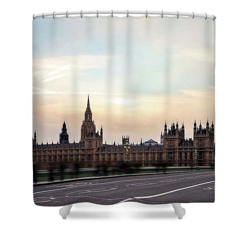 Gothic Style Shower Curtain featuring the photograph Buses And Tourists Cross The by Tatyana Tomsickova Photography