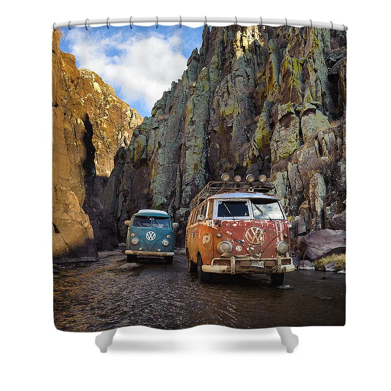 Bus Shower Curtain featuring the photograph Buses In The Canyon by Richard Kimbrough