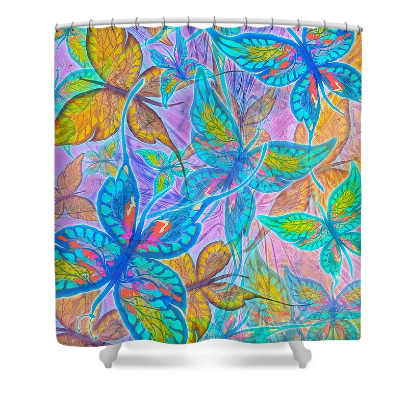 Butterflies Shower Curtain featuring the mixed media Butterflies on Lilac by Teresa Ascone