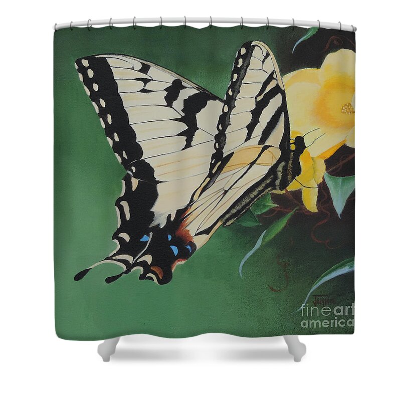Butterfly Shower Curtain featuring the painting Butterfly At Work by Jimmie Bartlett