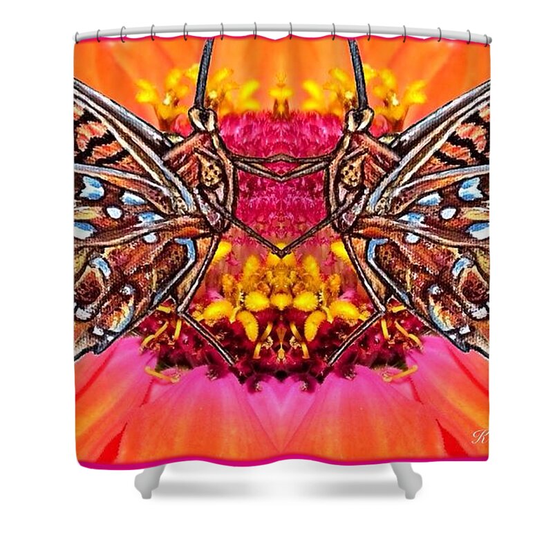 Two Butterfly Images Mirror Images Of Each Other In Front Of A Orange Red Flower Their Legs And Feet Touch Together In The Center And Seem To Be Dancing Joyful Nature Scene Depicts Butterflies Looking Like They Are Dancing Acrylic Photograph And Digital Art Shower Curtain featuring the mixed media Butterfly Jig by Kimberlee Baxter