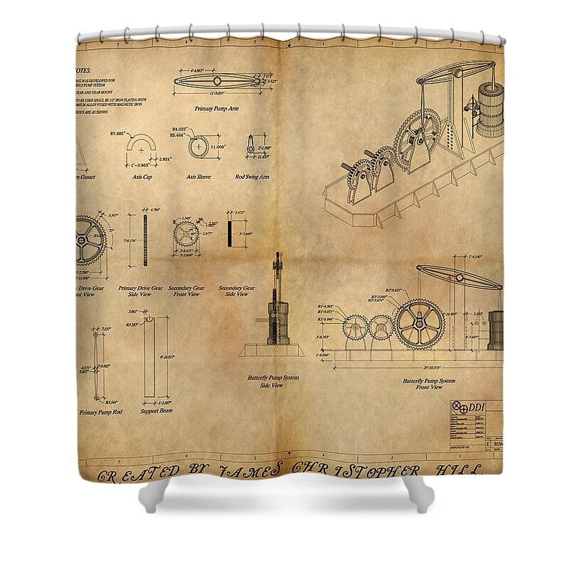 Steampunk; Gears; Housing; Cogs; Machinery; Lathe; Columns; Brass; Copper; Gold; Ratio; Rotation; Elegant; Forge; Industry; Jules Verne Shower Curtain featuring the painting Butterfly Pump by James Hill