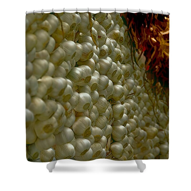 Garlic Shower Curtain featuring the photograph ByWard Market Wall of Garlic Cloves by Peggy Collins