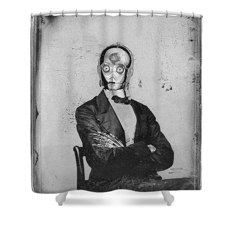 C-3po Shower Curtain featuring the painting C-3PO Star Wars Antique Photo by Tony Rubino
